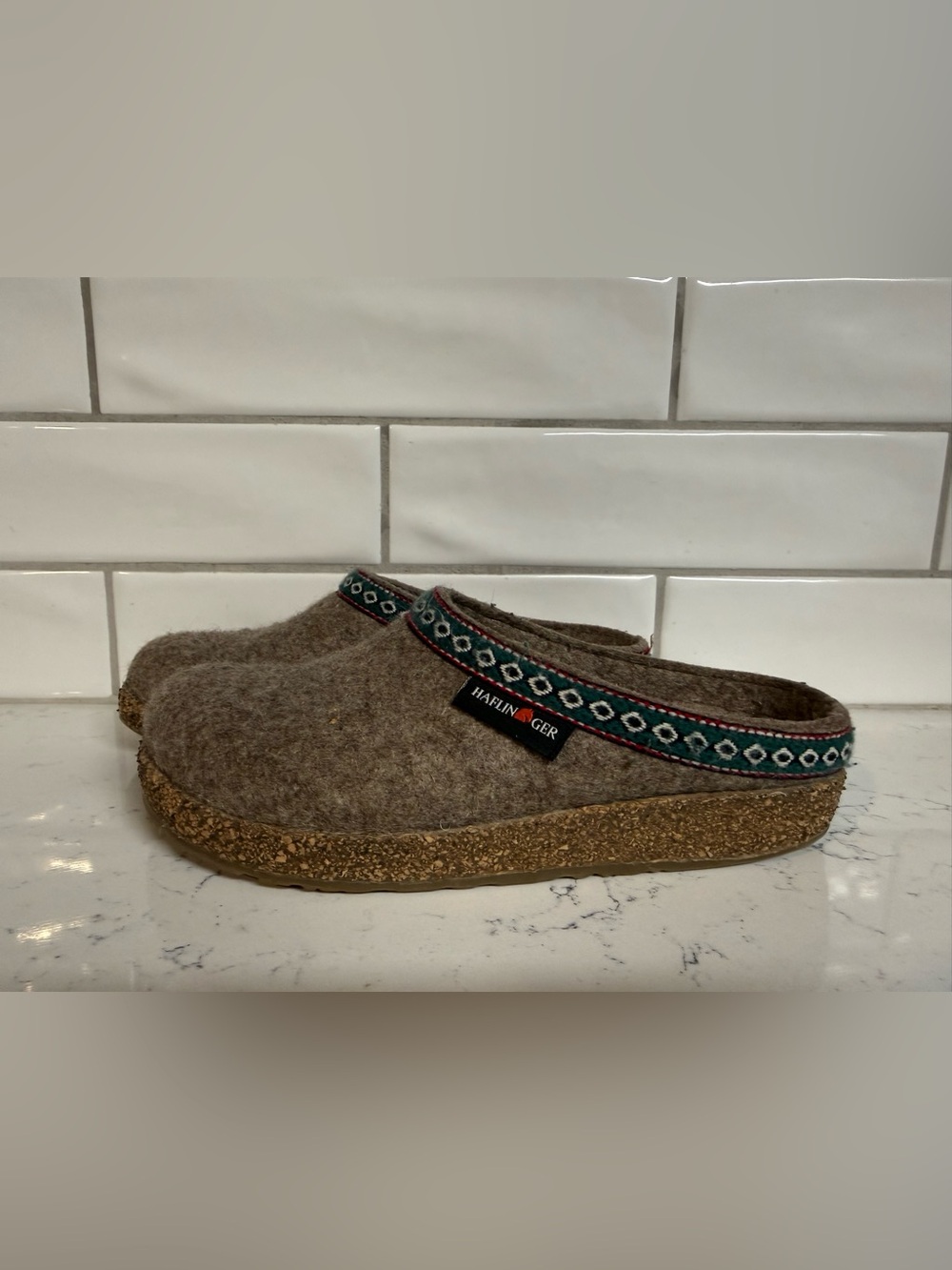 Haflinger Women’s Brown Wool Slip-On Clog with Green Patterned Trim size 36.